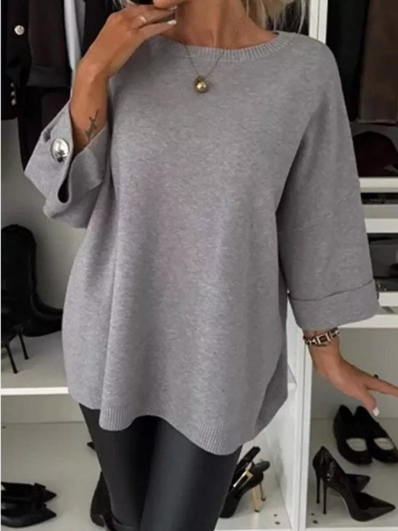 Full Size Round Neck Drop Shoulder Top with Ribbed Trim Plus Size 