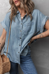 Folded Short Sleeve Patched Pocket Denim Shirt 
