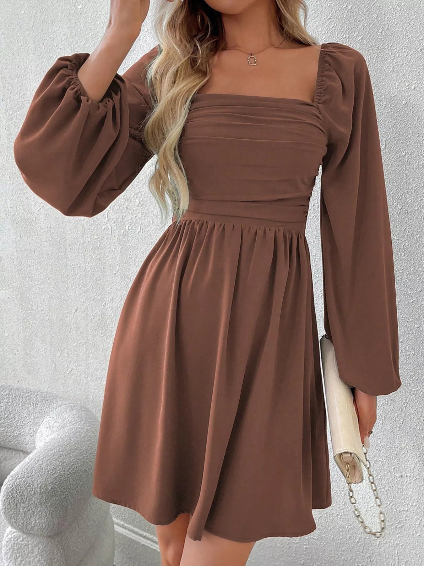 Ruched Square Neck Long Sleeve A-Line Dress 