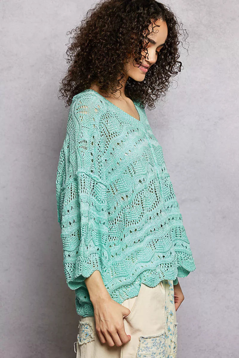POL Drop Shoulder V-Neck Knit Top with Scalloped Hem 