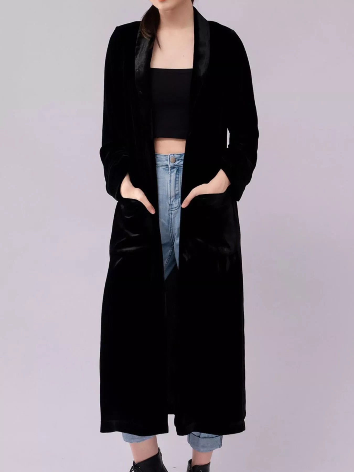 Velvet Lapel Collar Longline Coat 