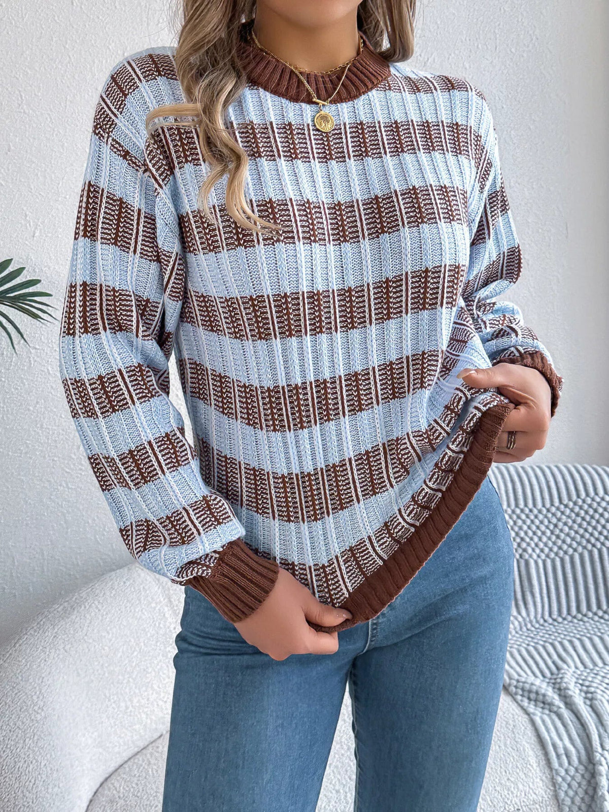 Striped Round Neck Long Sleeve Sweater 