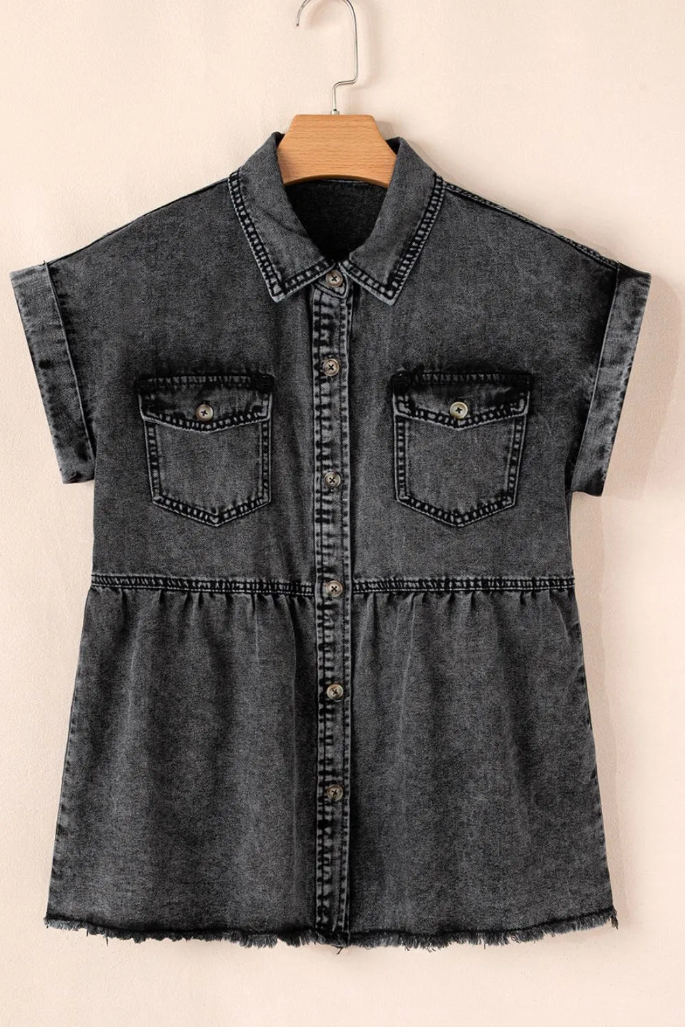 Short Sleeve Flap Pocket Button Up Raw Hem Denim Shirt 