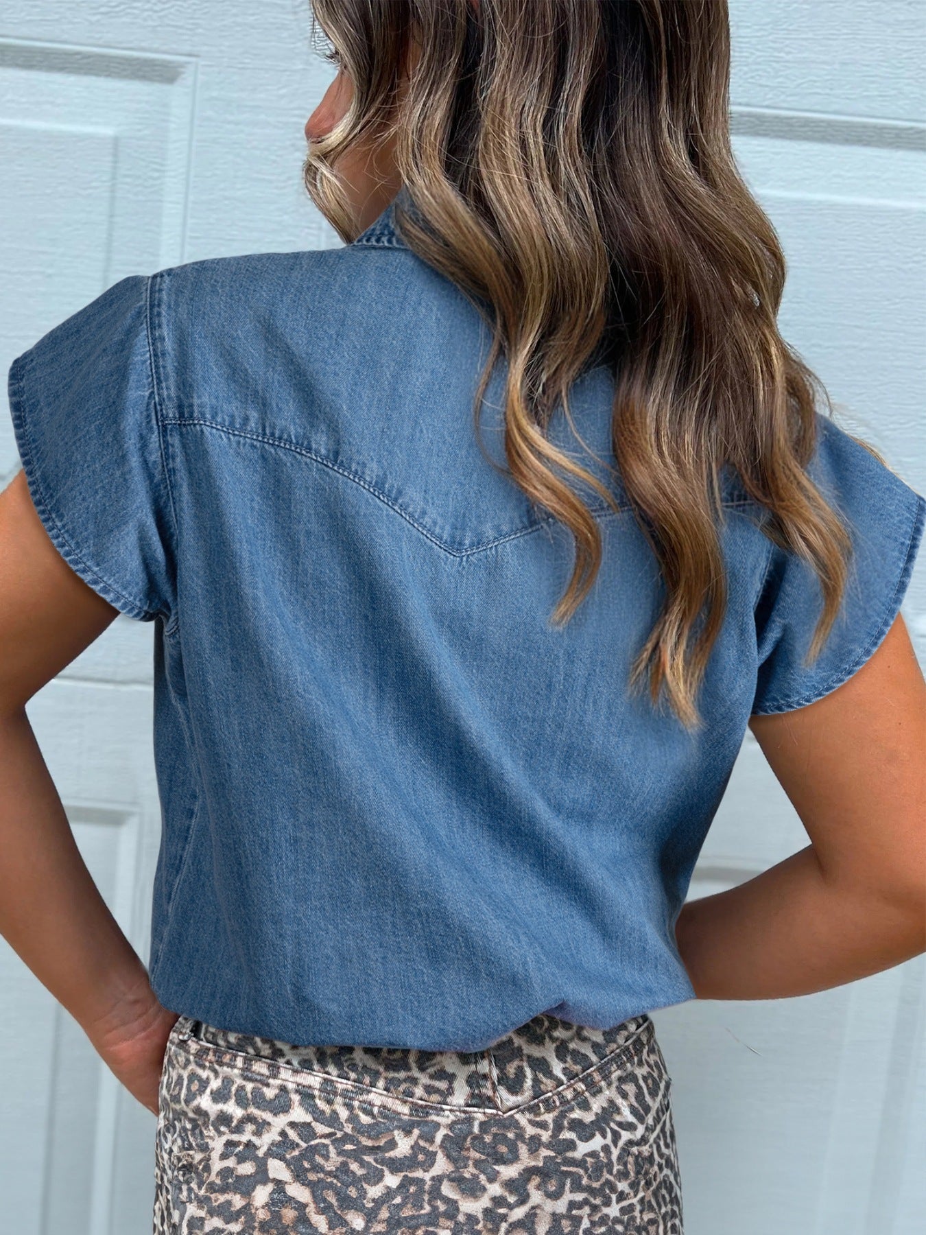 Ruffled Short Sleeve Denim Shirt 