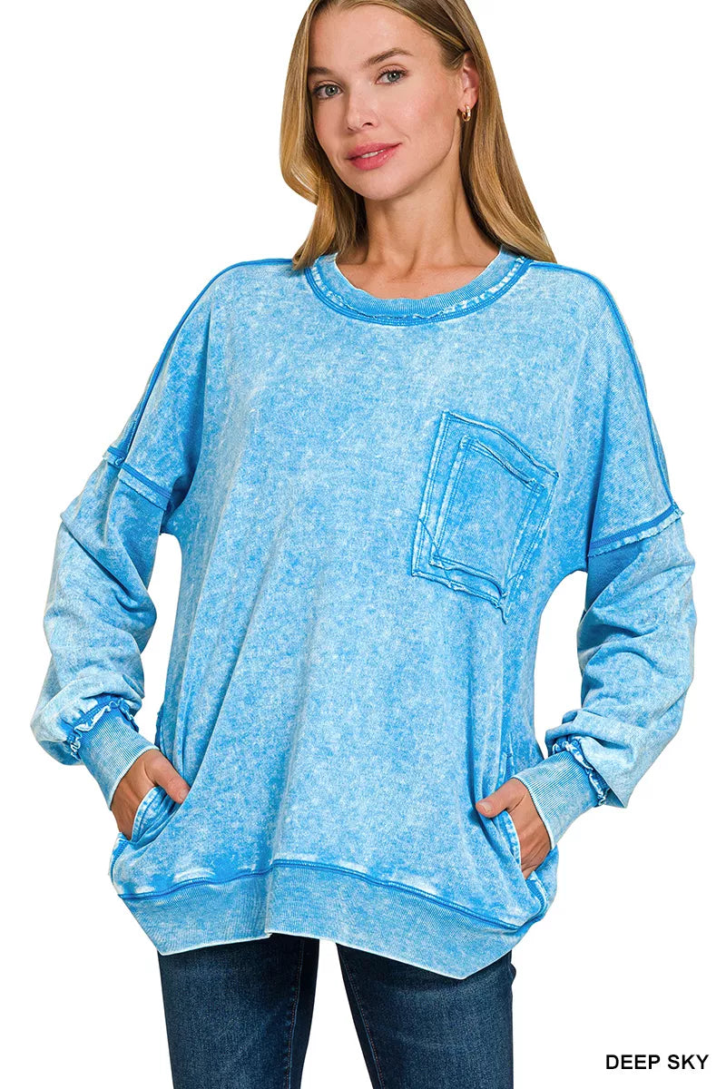 Zenana Acid Wash Raw Edge French Terry Sweatshirt with Front Pocket 