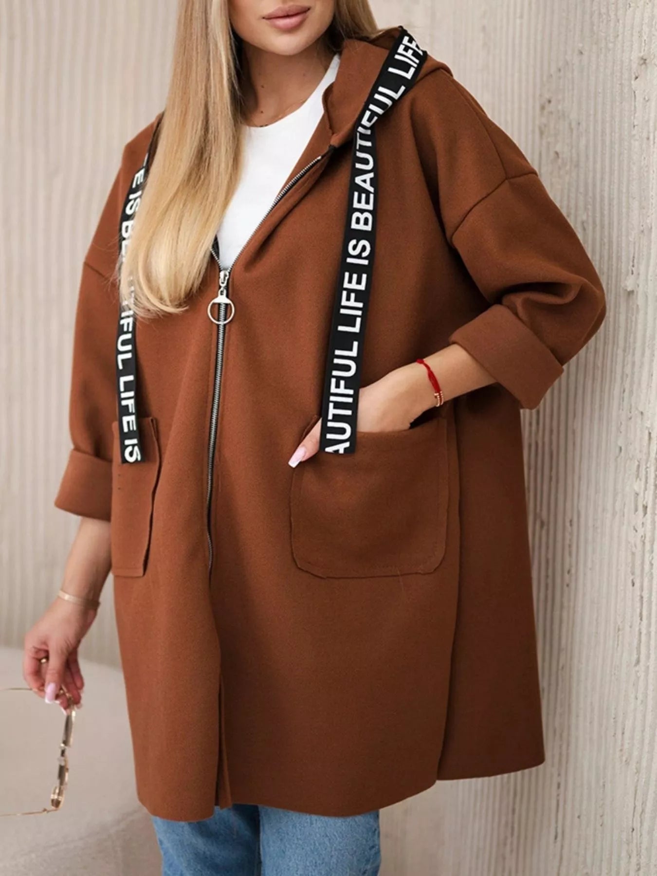 Full Size Hooded Zip-Up Longline Outerwear Plus Size 