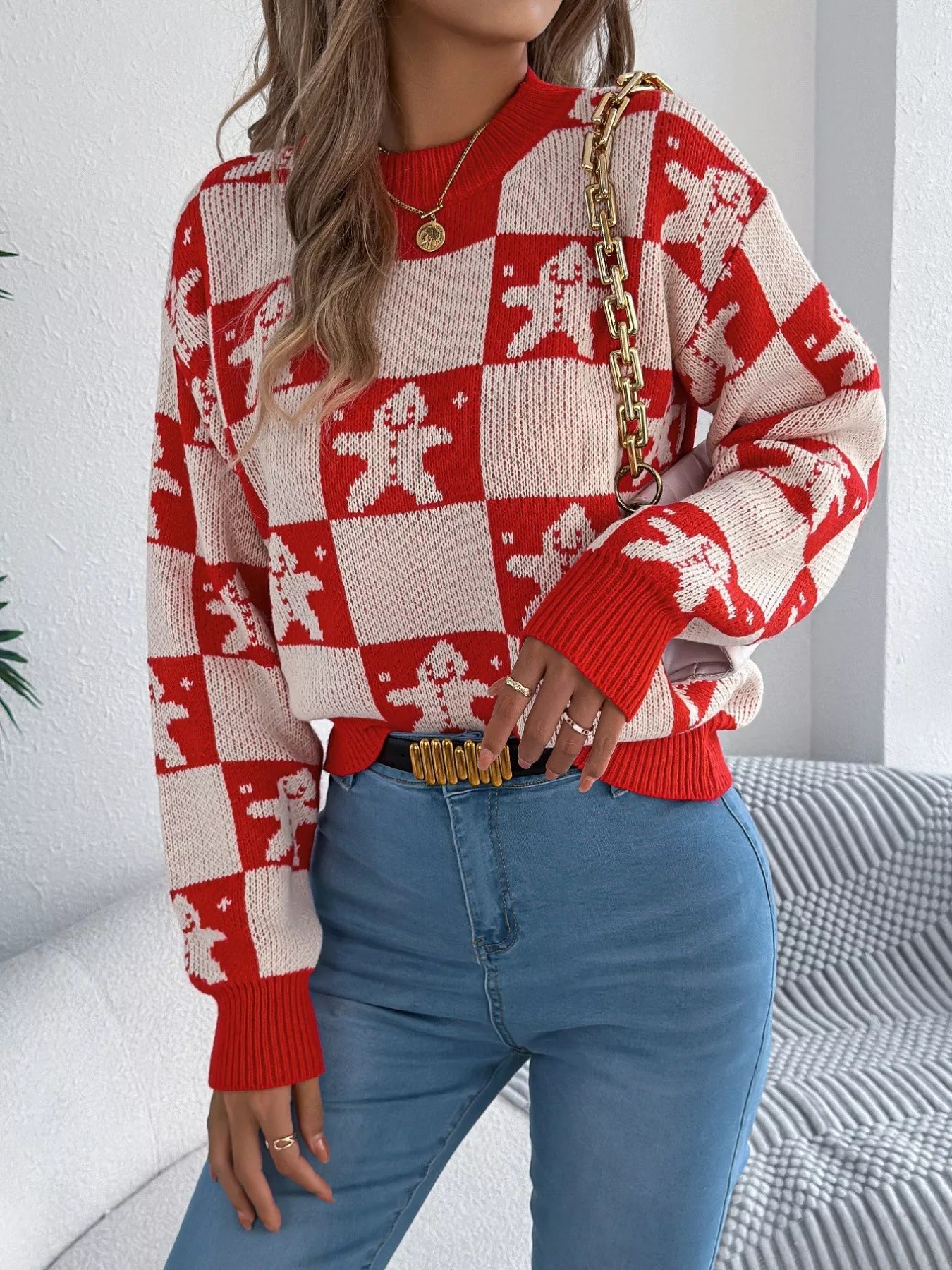 Christmas Checkerboard Gingerbread Round Neck Sweater 