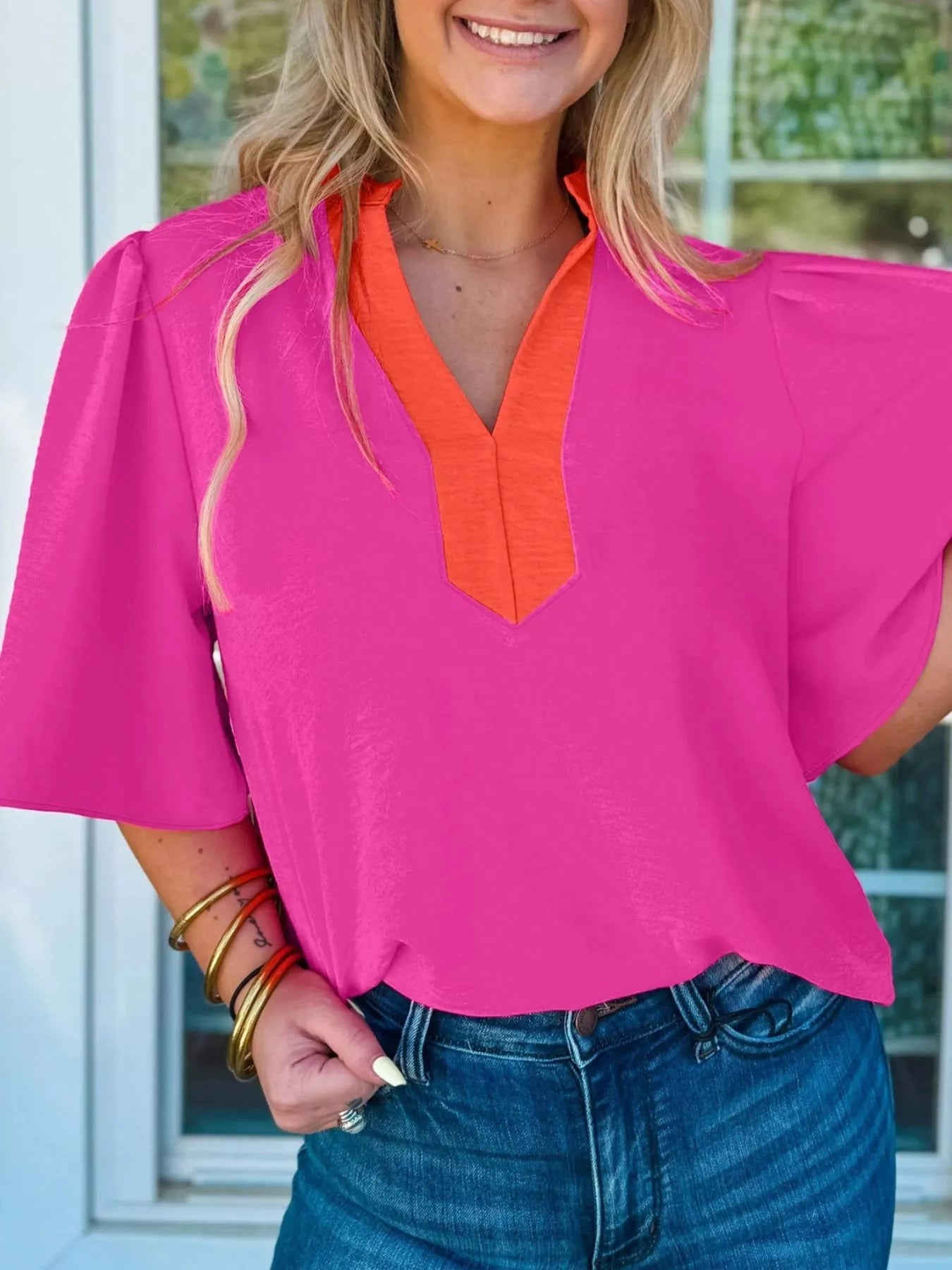 Notched Half Sleeve Blouse 