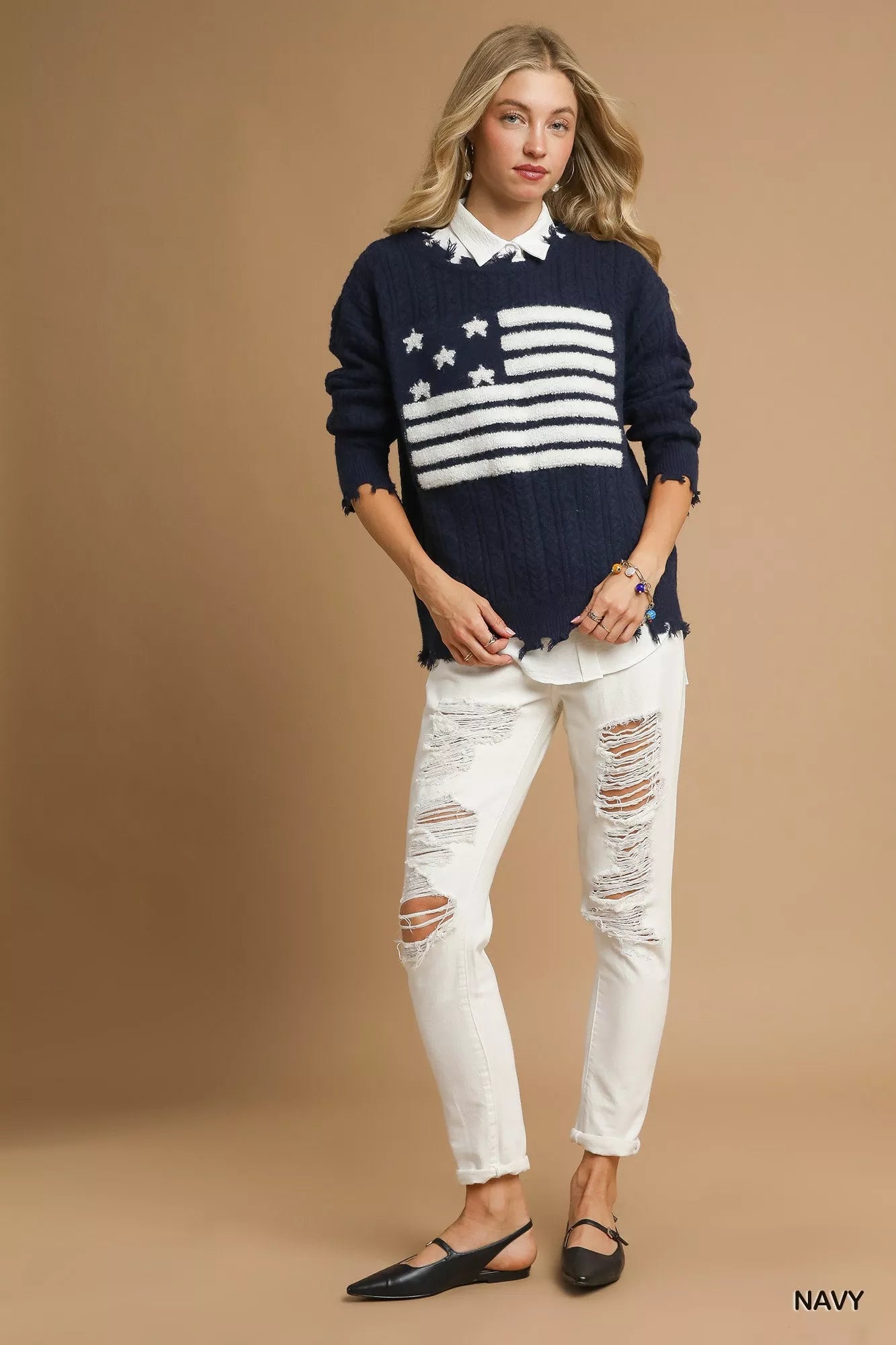Umgee Distressed American Flag Sweater 