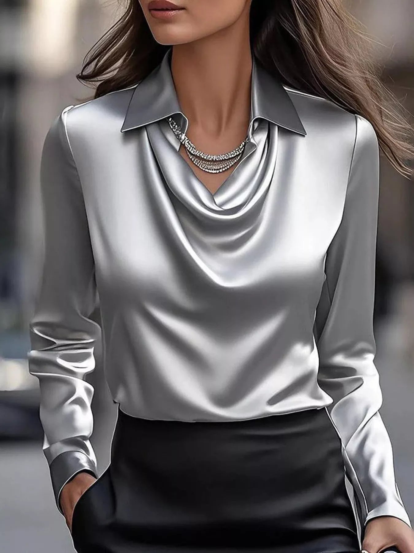 Ruched Long Sleeve Drape Collar Blouse 