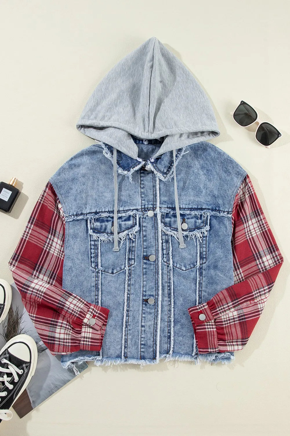 Raw Hem Drawstring Plaid Denim Jacket 