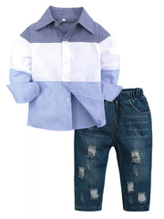 Children's Color Block Shirt & Ripped Jeans Set 