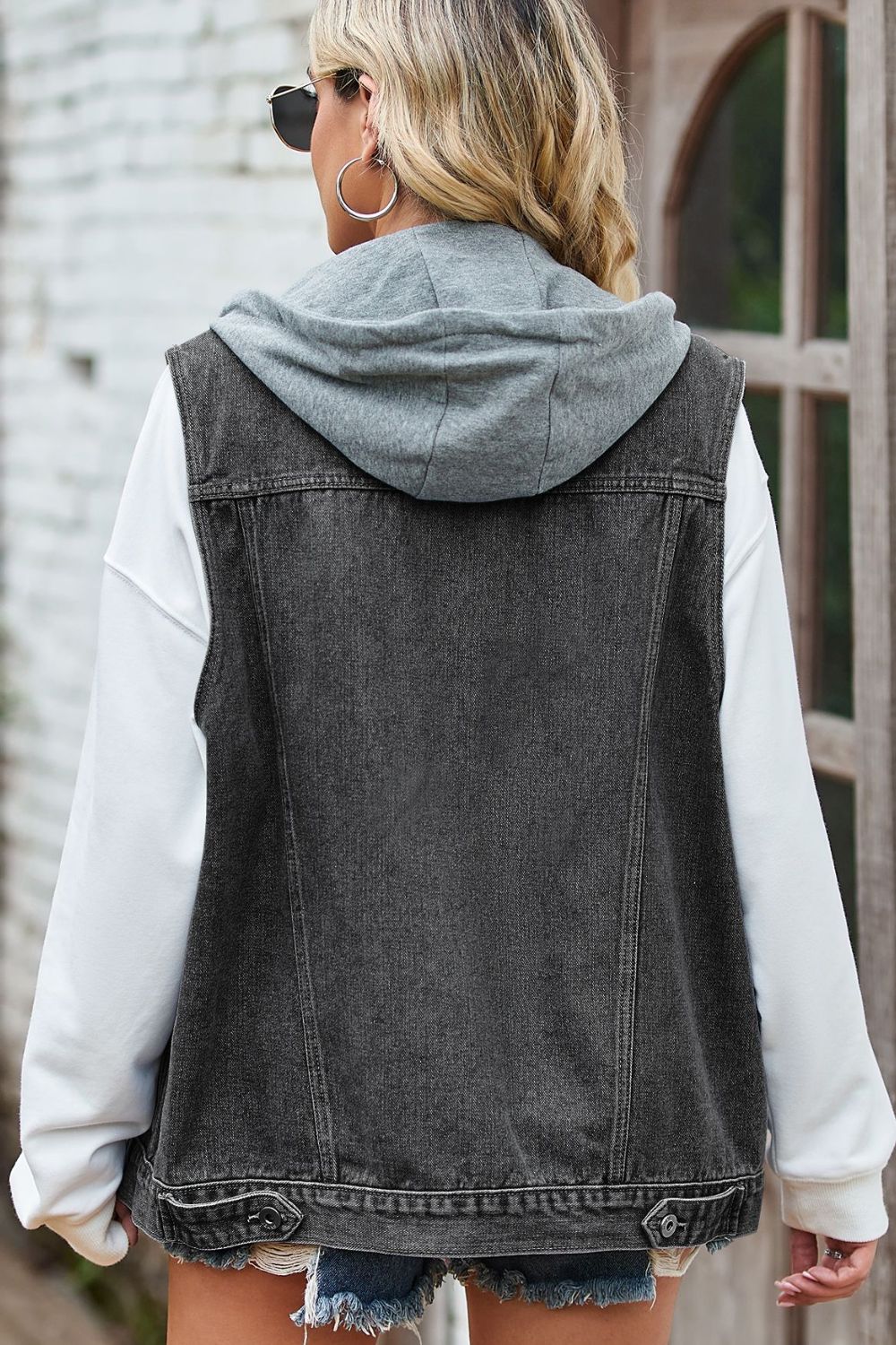 Sleeveless Denim Top with A Detachable Hood 