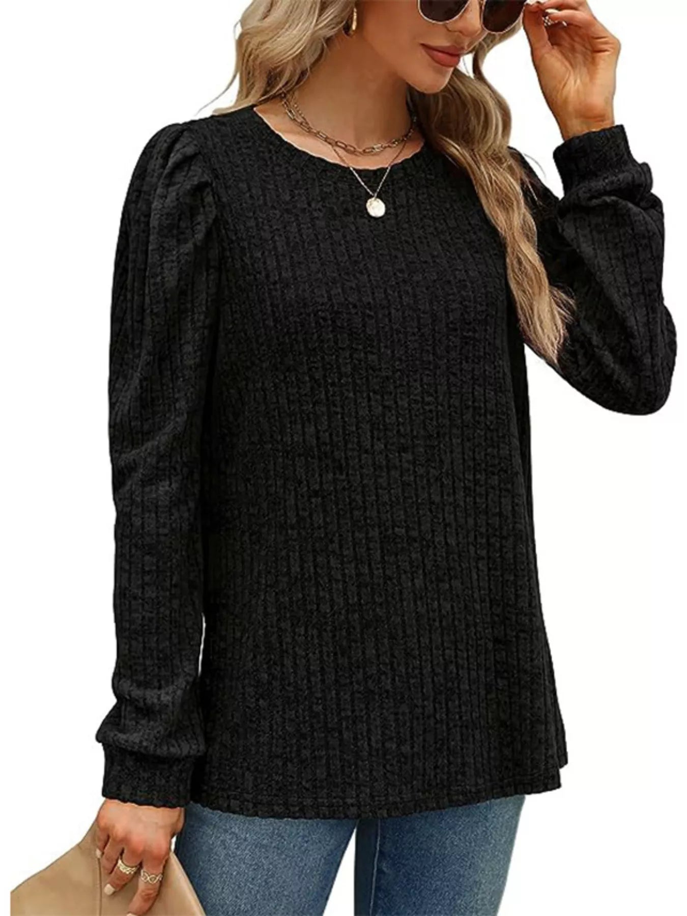 Ribbed Knit Top with Puff Sleeves 