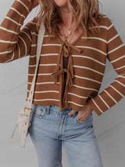 Tie Front Striped Knit V Neck Cardigan 