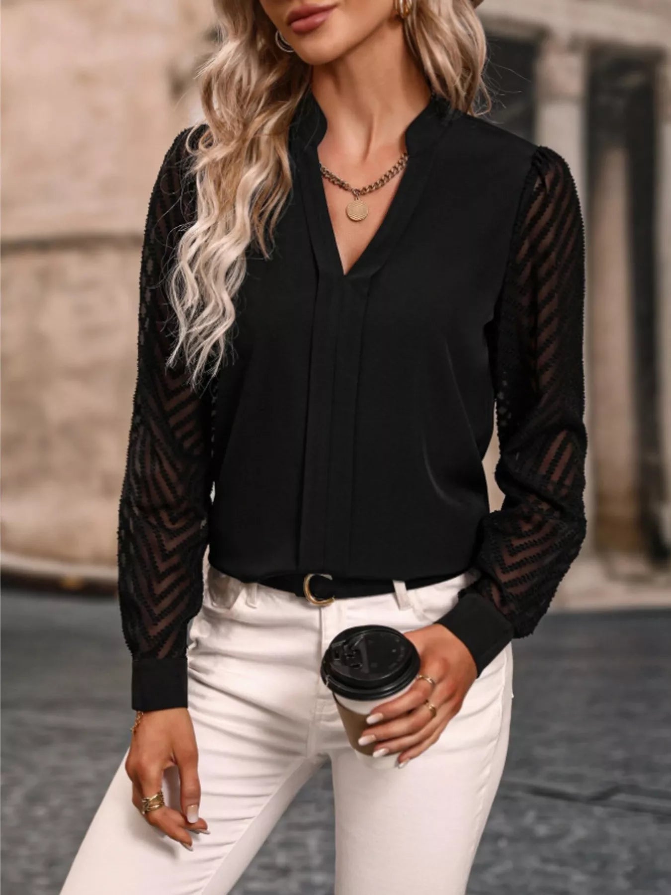Notched Long Sleeve Blouse 