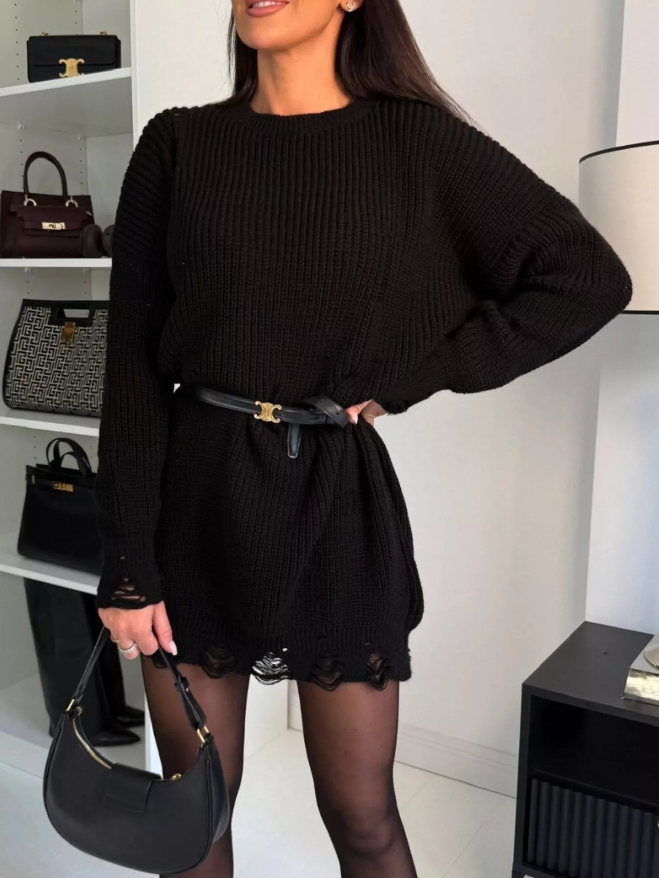 Distressed Round Neck Drop Shoulder Sweater Dress 
