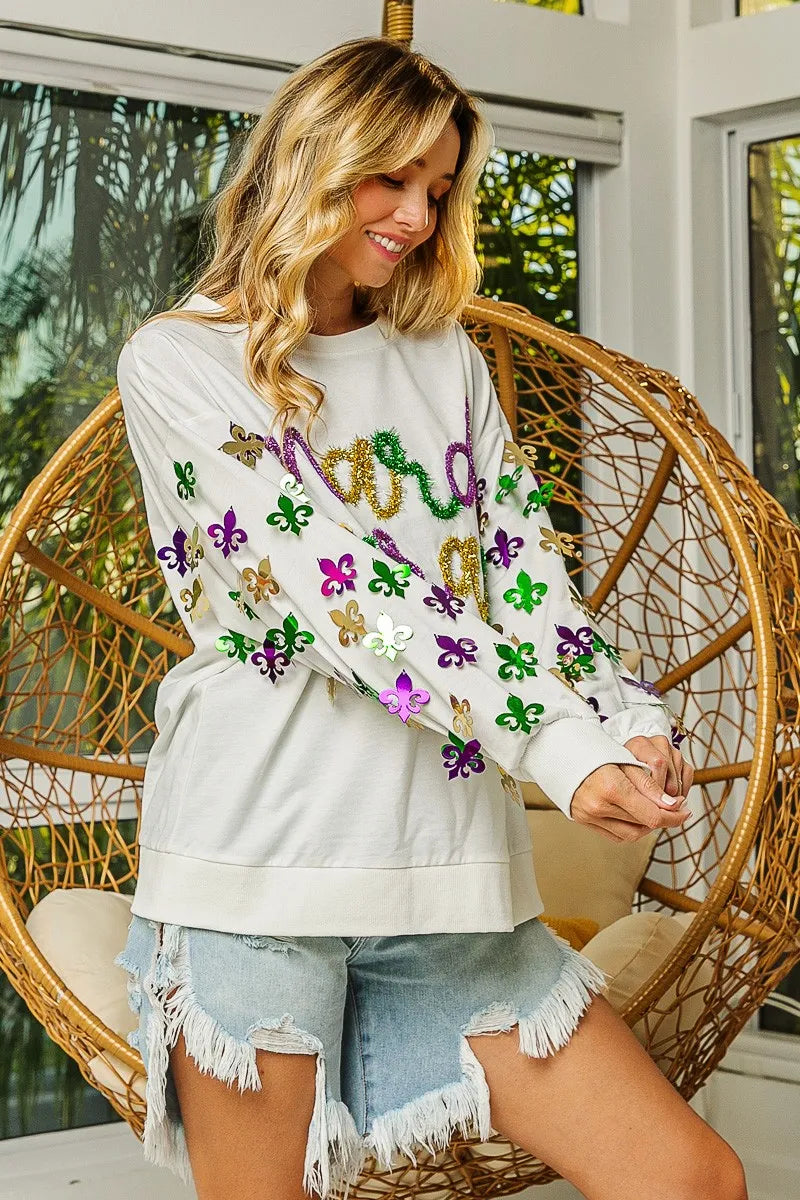 BiBi Fleur De Lis Sleeve Mardi Gras Pullover 