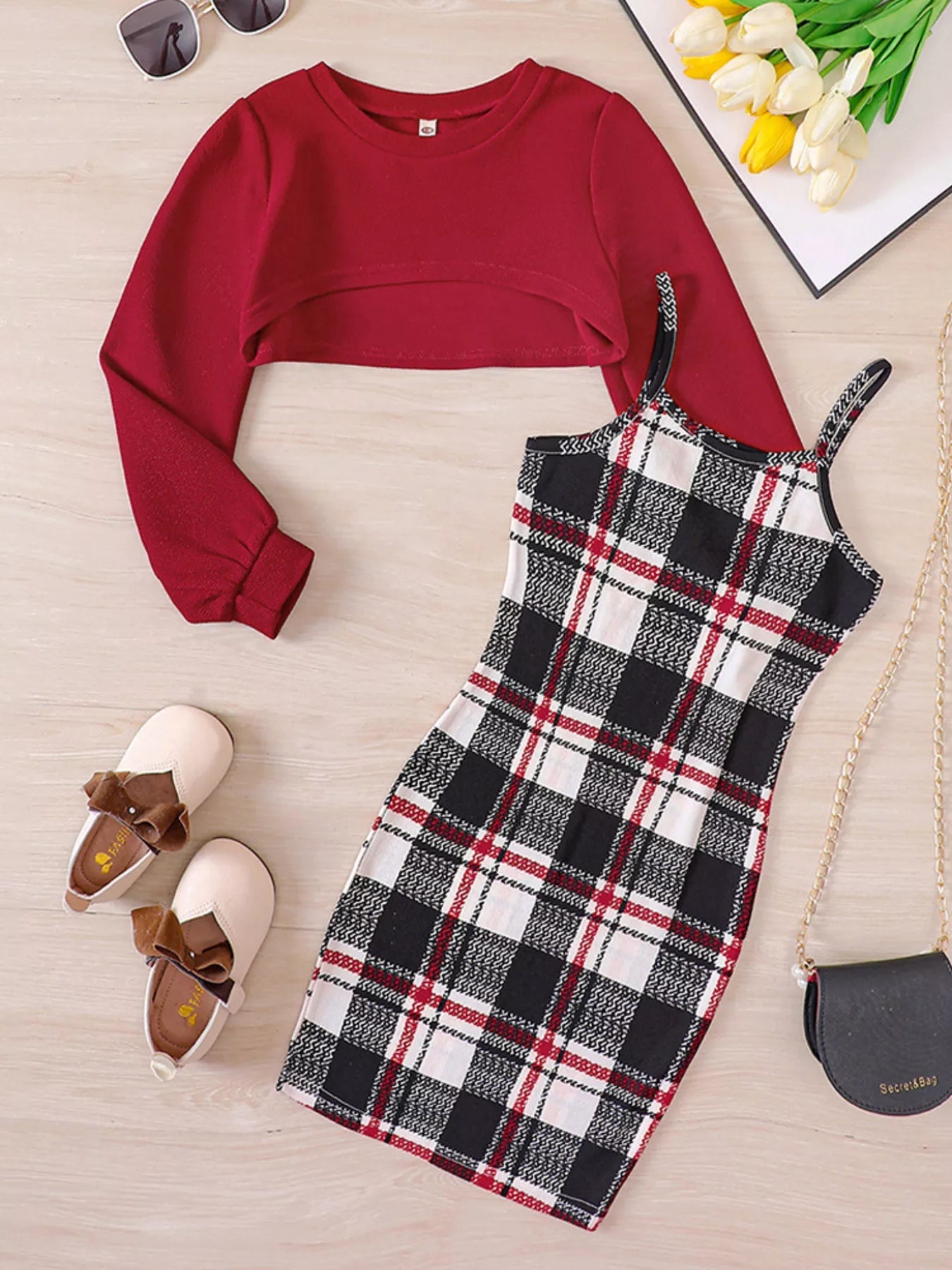 Children's Plaid Print Long Sleeve Dress Set 