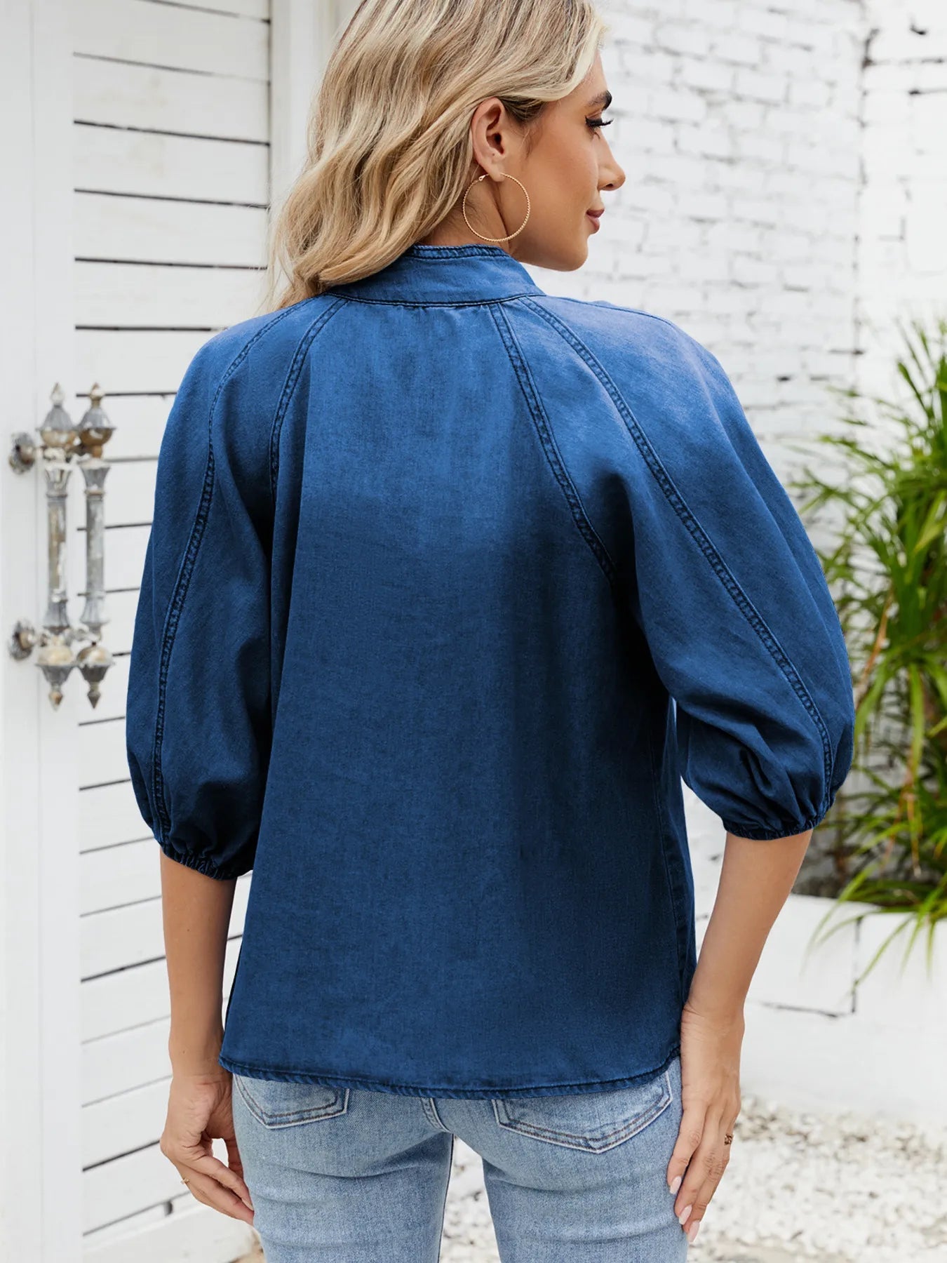 Denim Bow Tie Puff Sleeve Top 