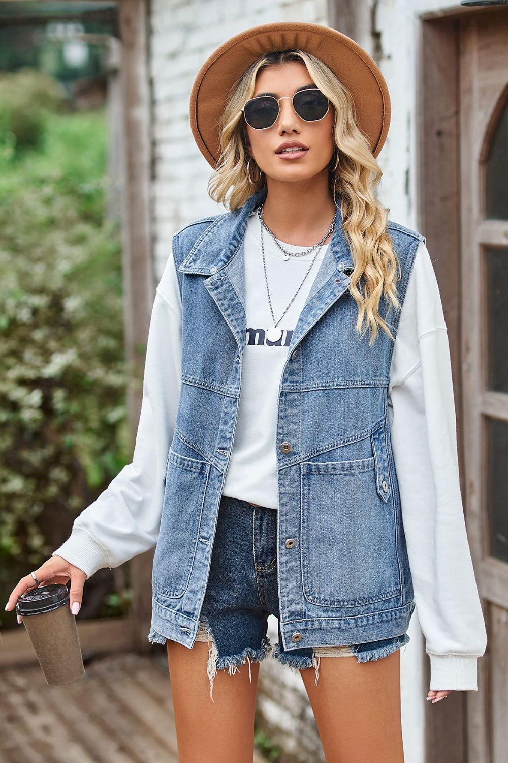 Sleeveless Denim Top with A Detachable Hood 
