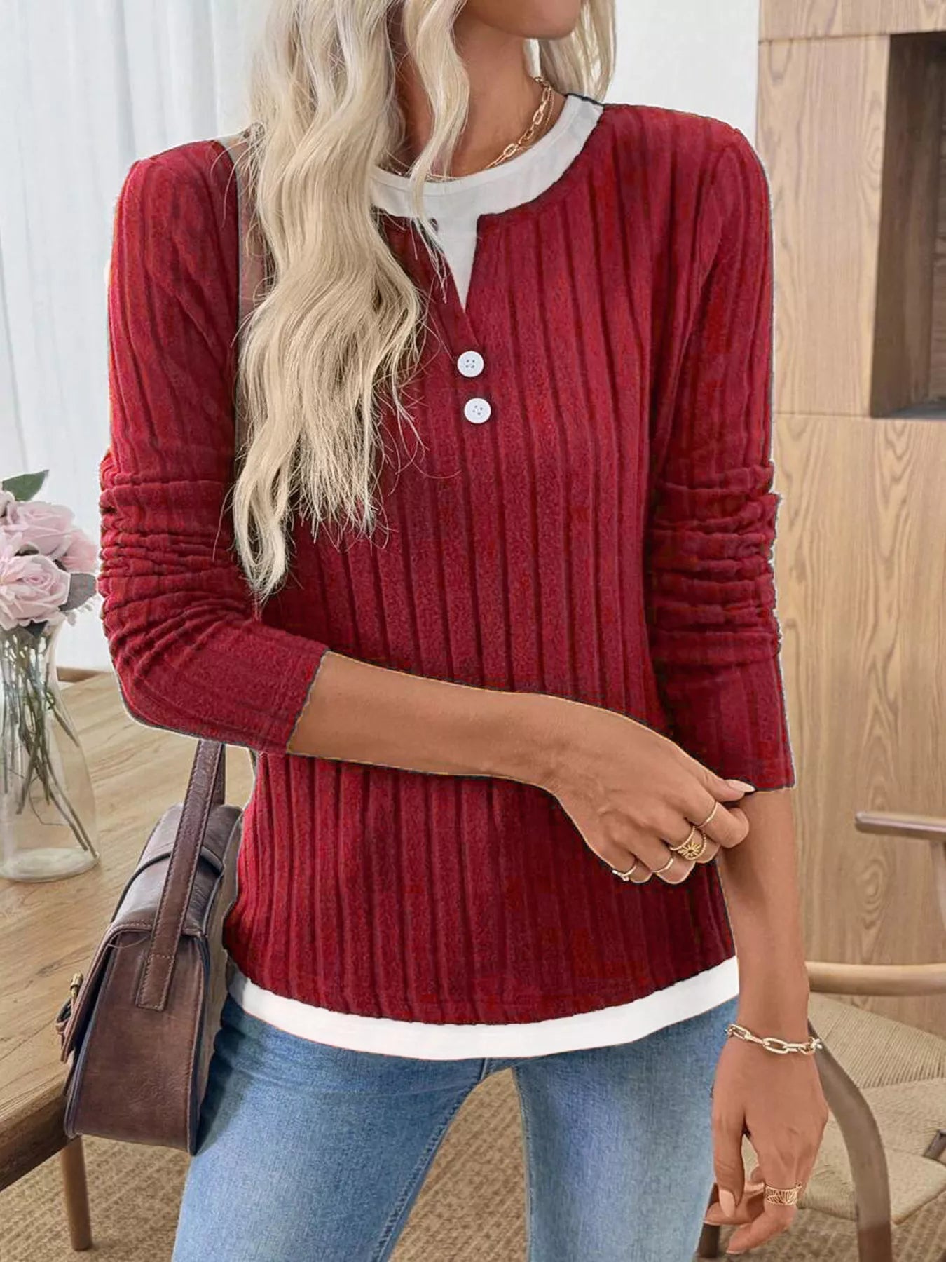 Ribbed Knit Button Detail Contrast Sweater 