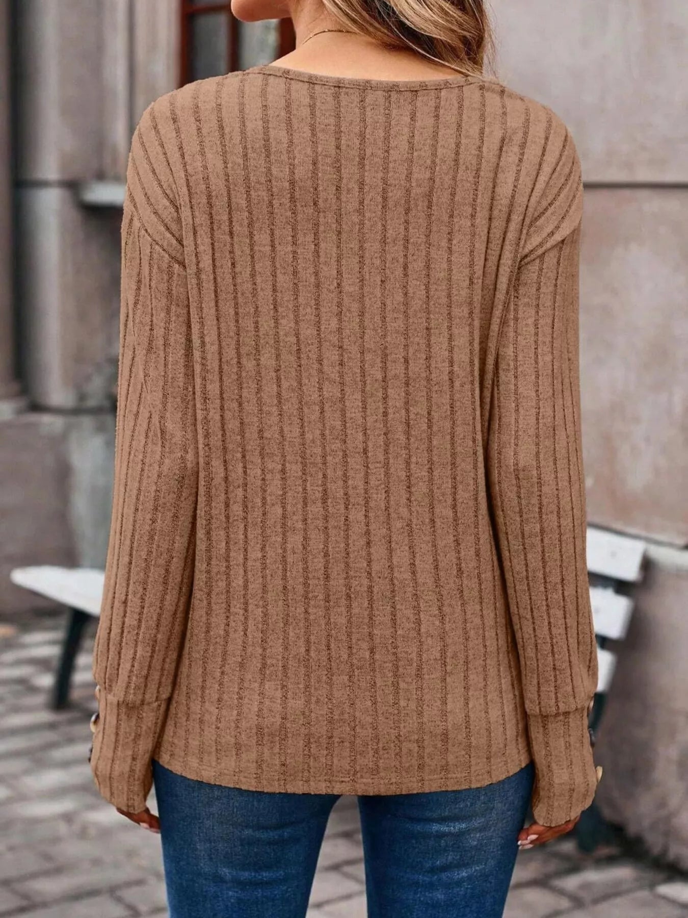 Ribbed V-Neck Long Sleeve Top 