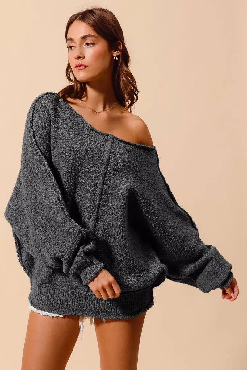 SO ME Loose Fit Exposed Seam Slouchy Boucle Sweater 