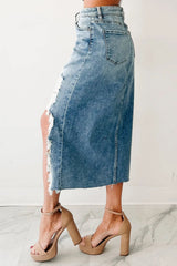 Distressed Asymmetrical Denim Skirt with Frayed Hem 