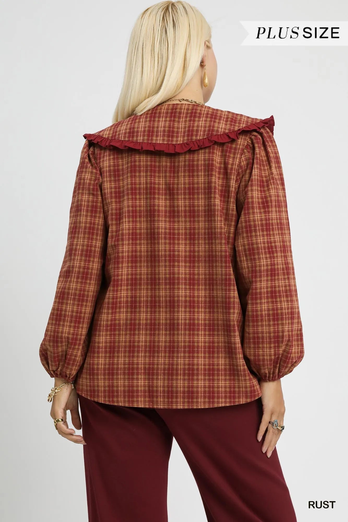 Umgee Full Size Plaid Ruffle Collar Blouse Plus Size 