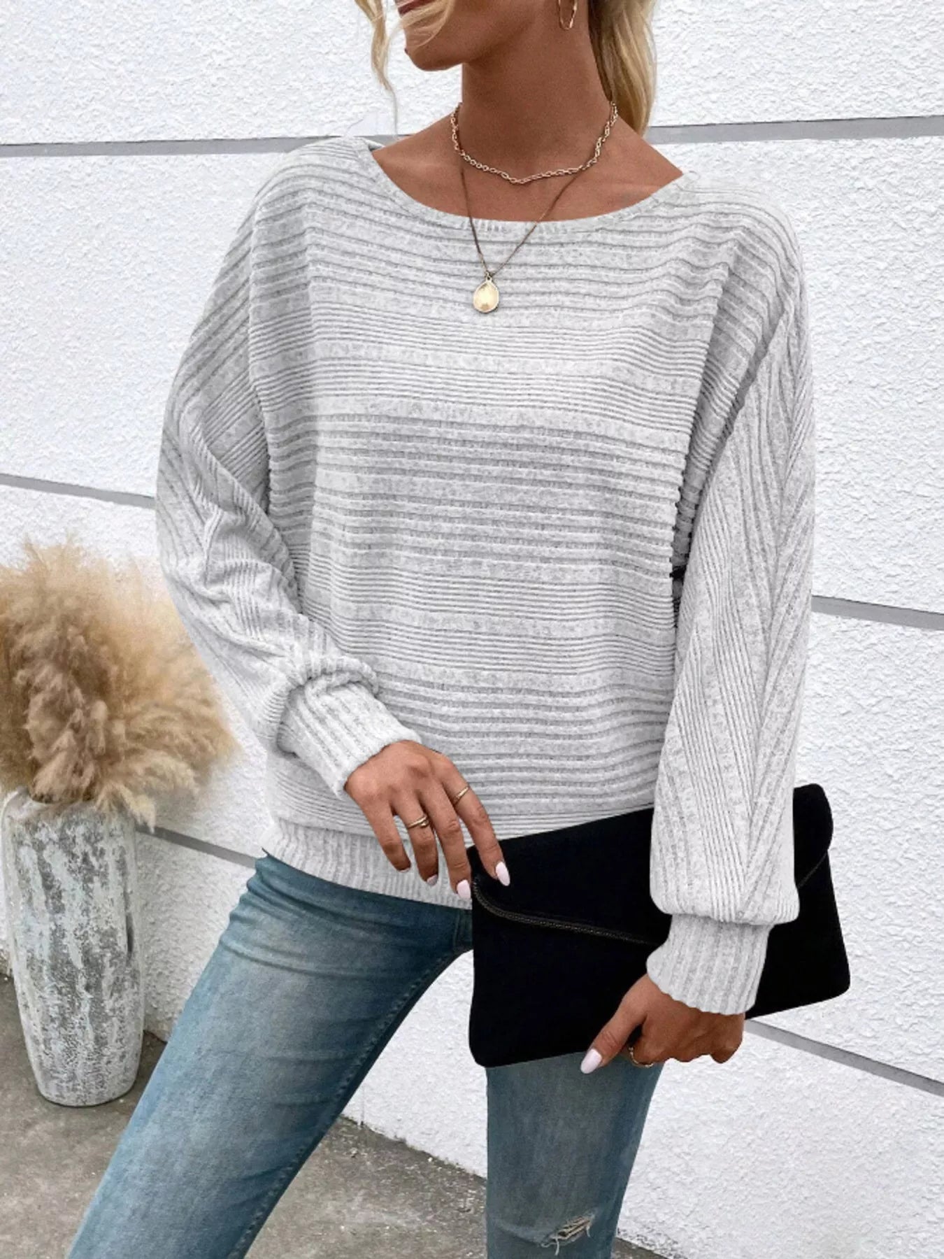 Ribbed Round Neck Long Sleeve Top 