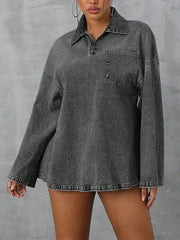 Collared Neck Drop Shoulder Denim Top 