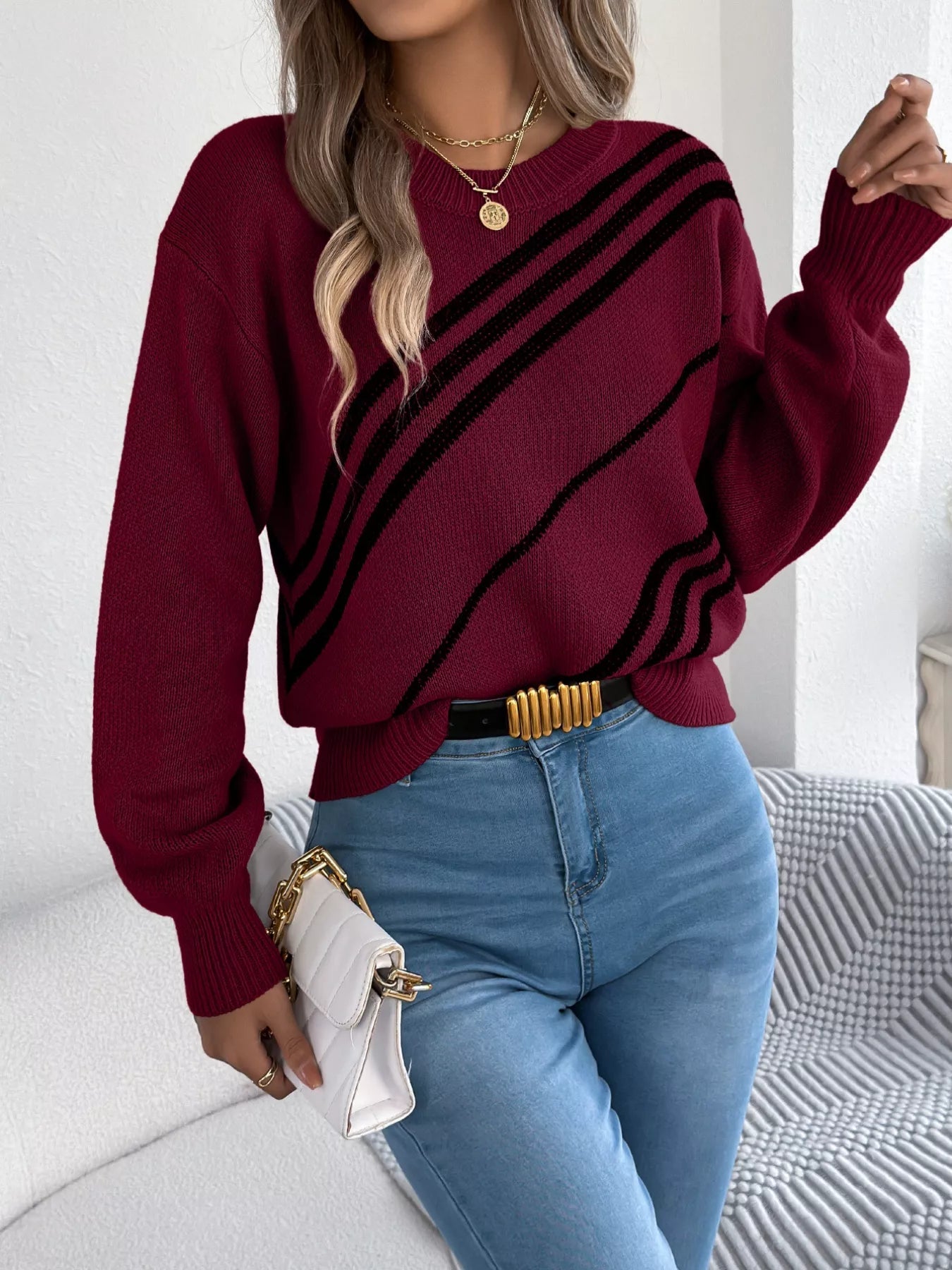 Striped Pattern Casual Round Neck Sweater 