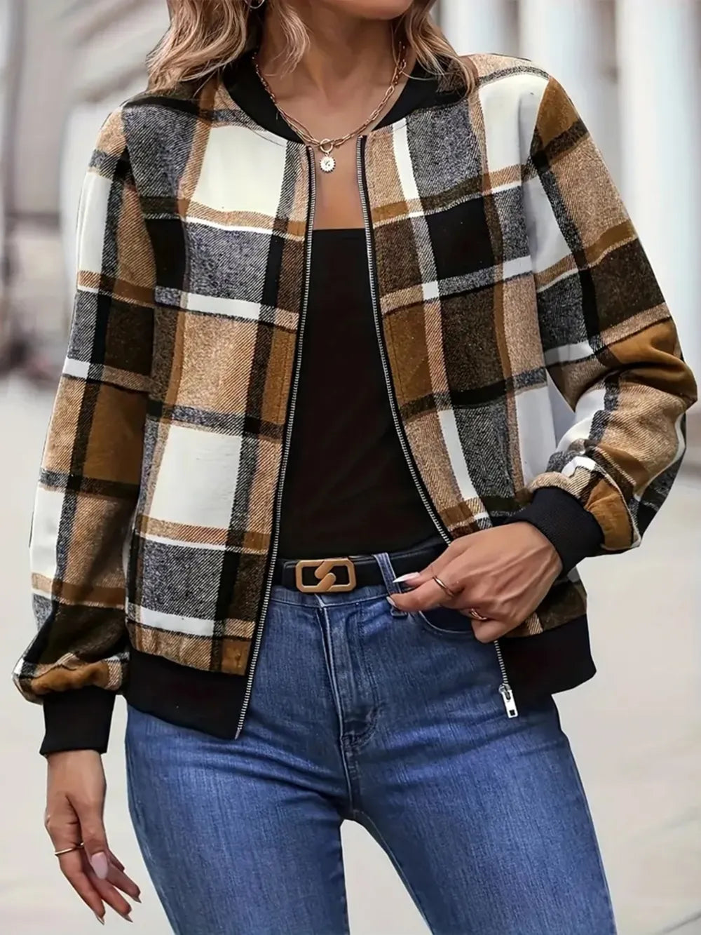Plus Size Plaid Baseball Collar Zip Up Jacket 
