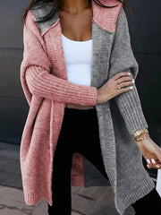 Two-Tone Open Front Knit Hooded Cardigan 