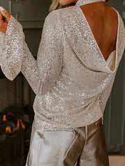 Sequin Mock Neck Bell Sleeve Top 