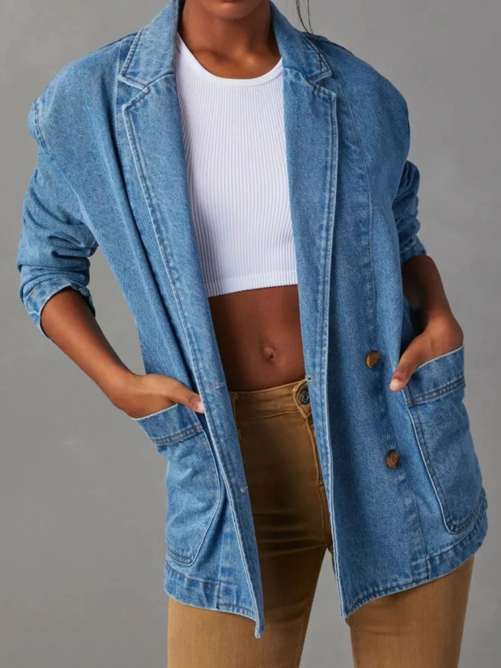 Pocketed Lapel Collar Long Sleeve Denim Jacket 