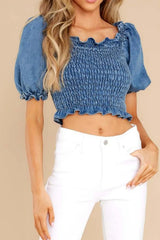 Puff Sleeve Smocked Cropped Denim Top 