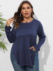 Plus Size Round Neck Long Sleeve Slit T-Shirt 