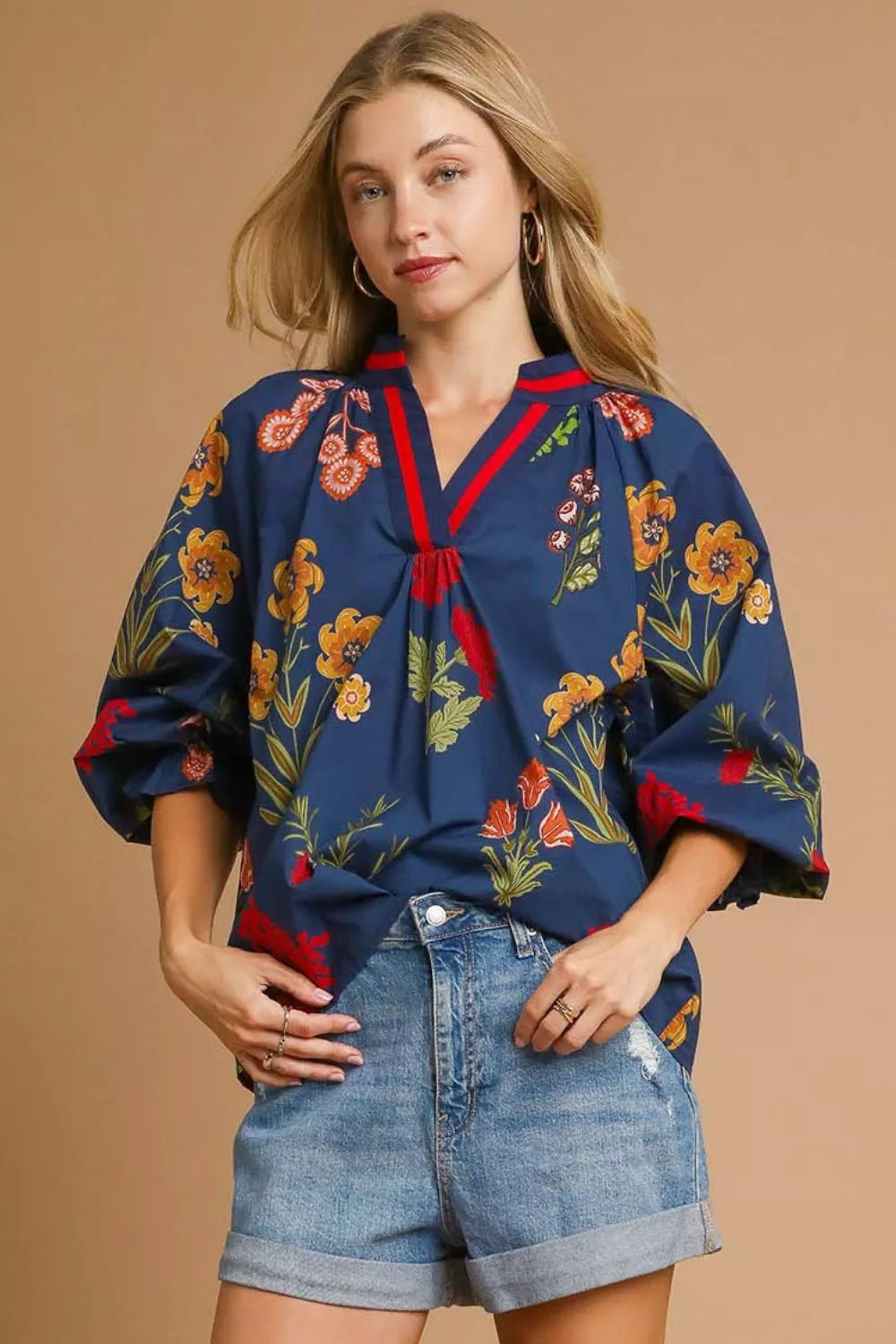 Umgee Floral Print Flounce Sleeve Blouse 