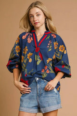 Umgee Floral Print Flounce Sleeve Blouse 