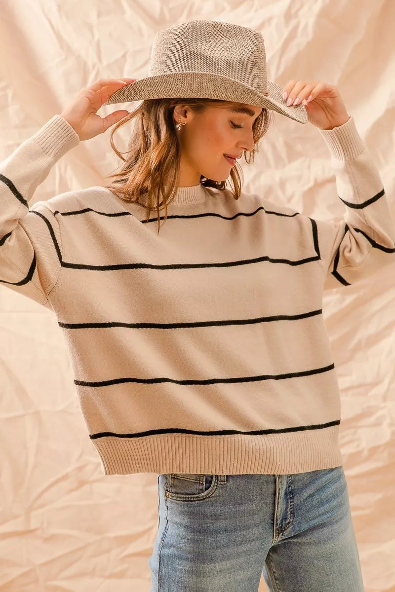 SO ME Stripe Crew Neck Basic Essential Sweater 