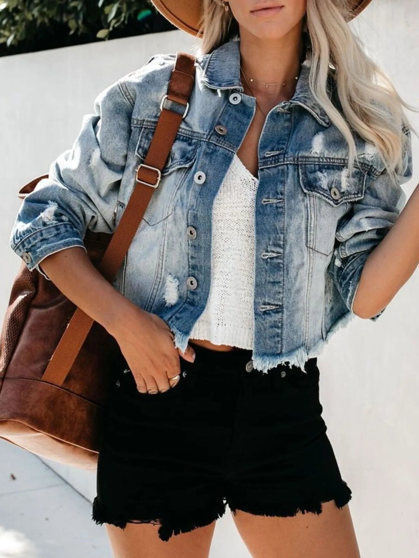 Distressed Raw Hem Denim Jacket 