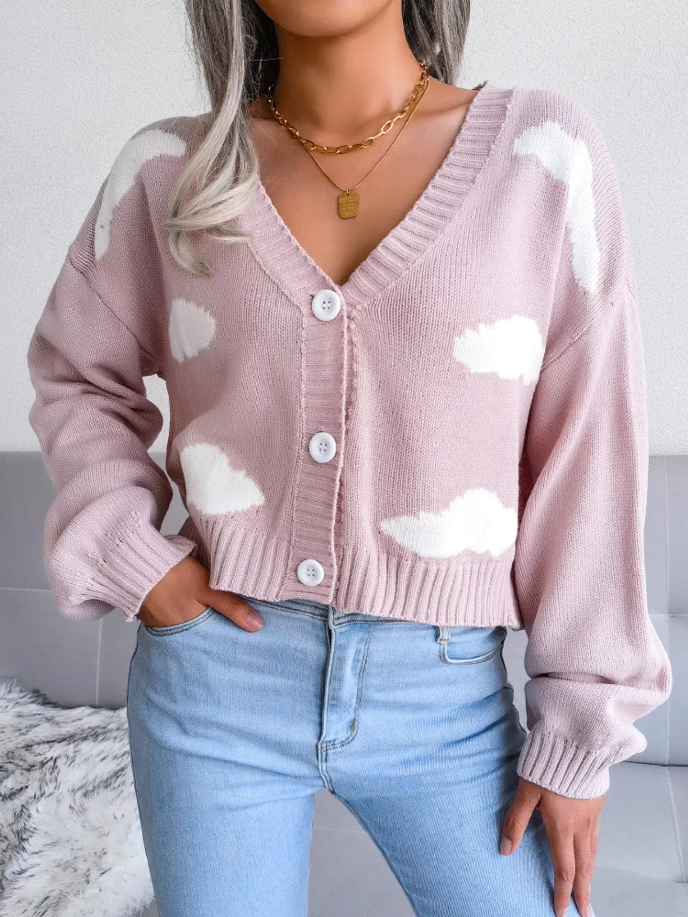 Cloud Pattern Button-Up Cropped Cardigan 