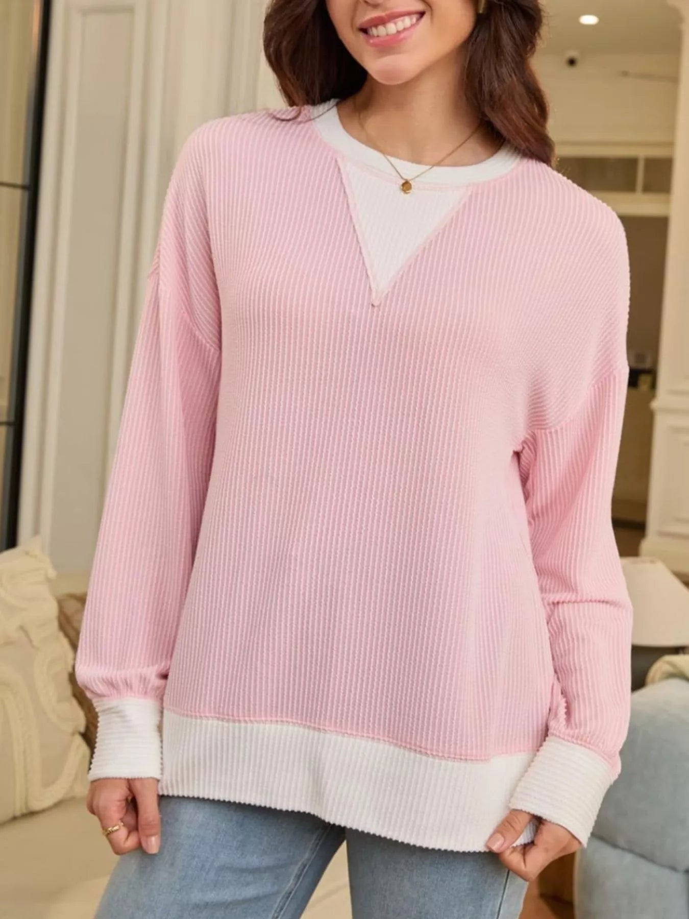 Two-Tone Ribbed Knit Sweatshirt 