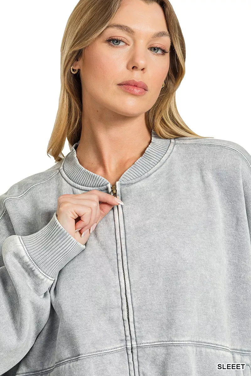 Zenana Acid Washed Fleece Jacket 