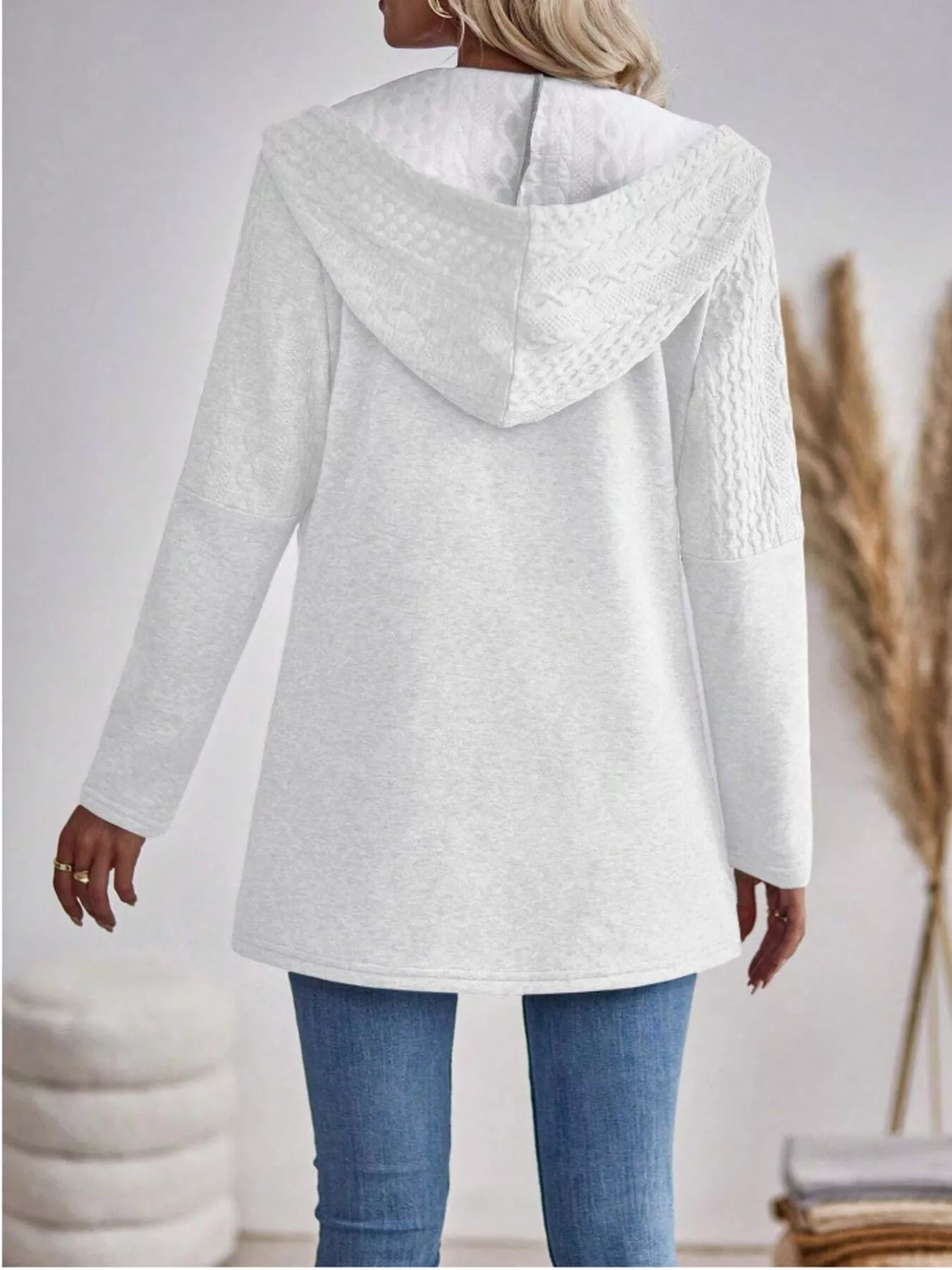 Drawstring Textured Zip Up Drawstring Hooded Jacket 