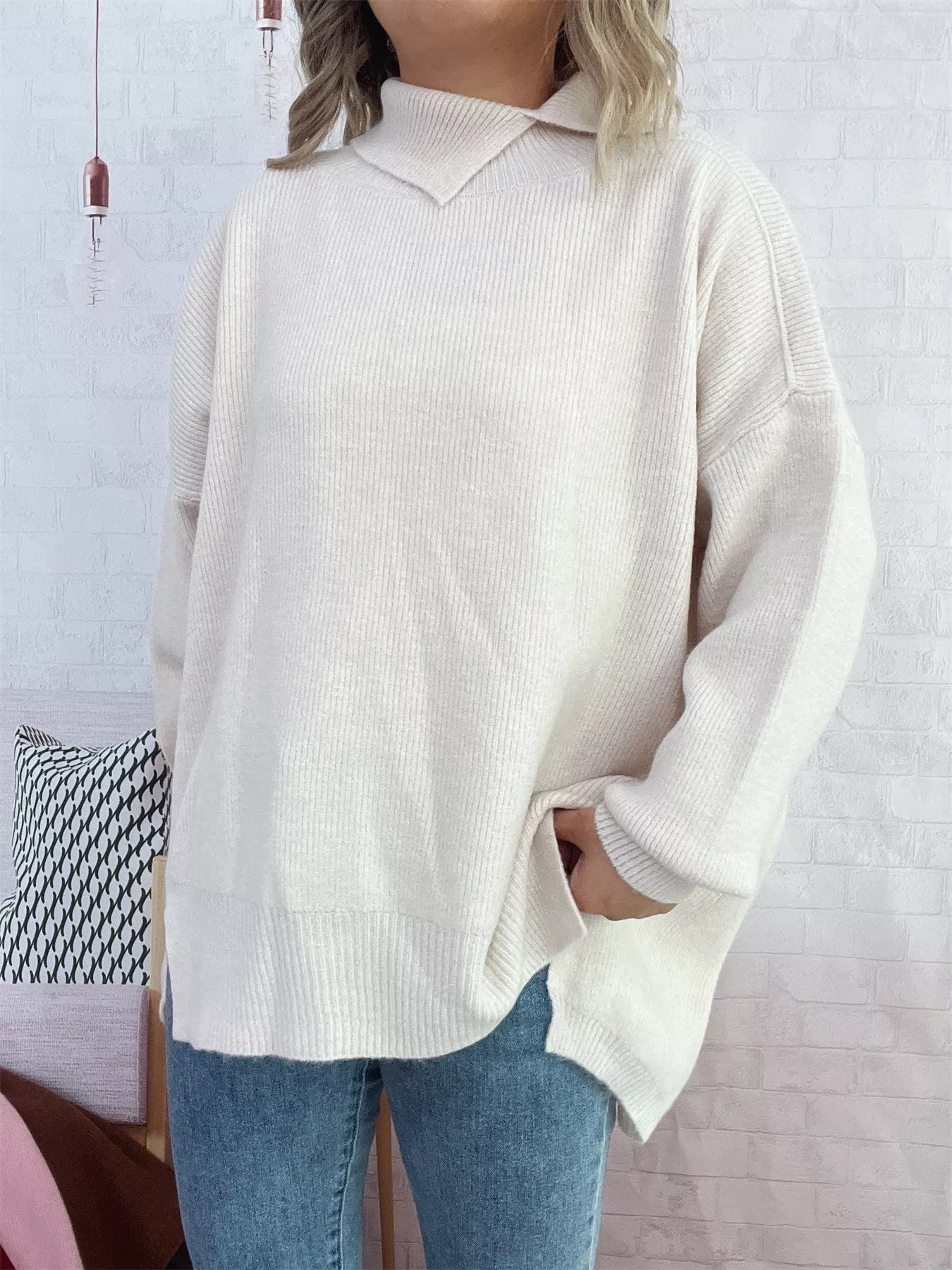 Slit Turtleneck Long Sleeve Sweater 