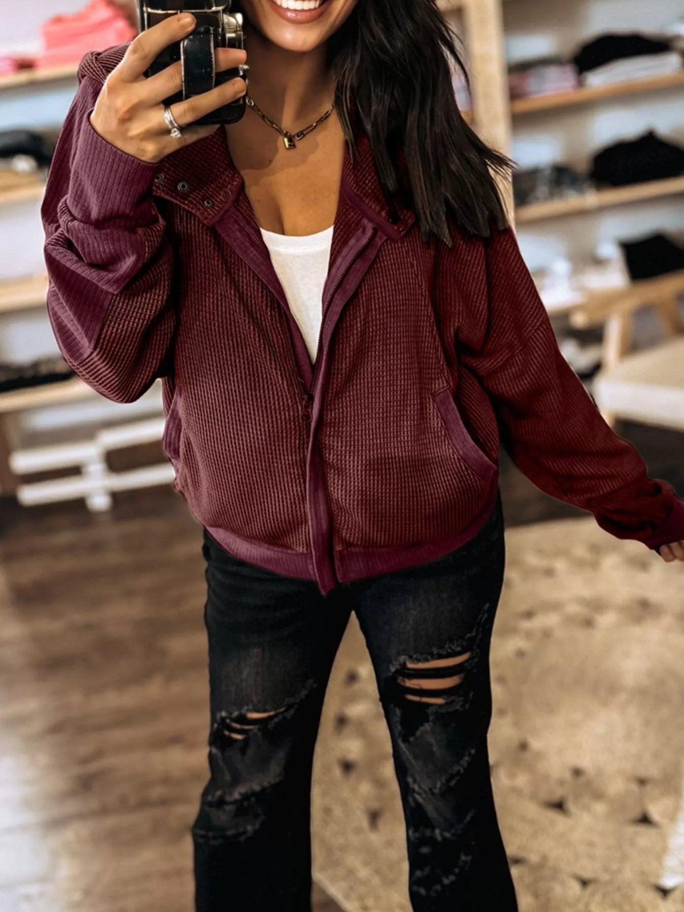 Waffle Zip Up Hooded Jacket with Pockets 