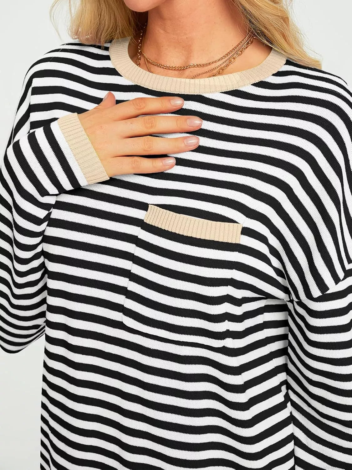 Striped Long Sleeve Sweater with Contrast Ribbed Trim 